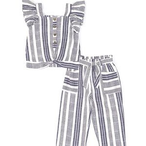 Jessica Simpson  2 piece blue & white flutter sleeve & pant set